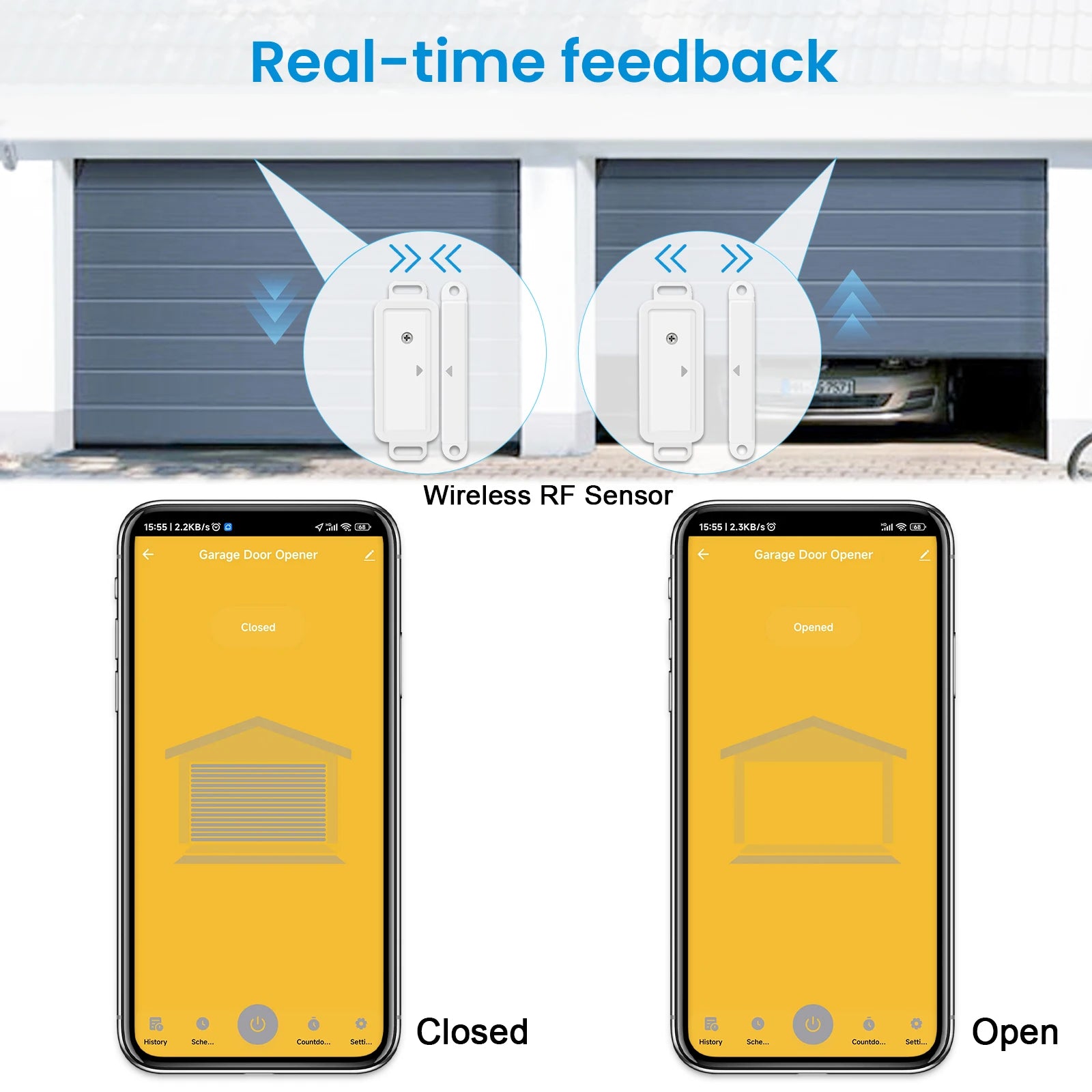 Real-time status feedback for garage door open and close positions on mobile app - NSD SMART