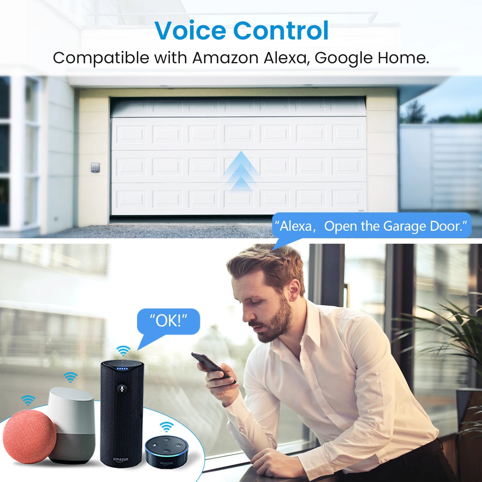 Voice controlled garage door automation compatible with Alexa and Google Home - NSD SMART
