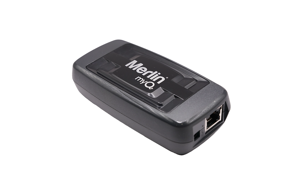 Sleek black Merlin myQ internet gateway hub - Angle View - NSD SMART