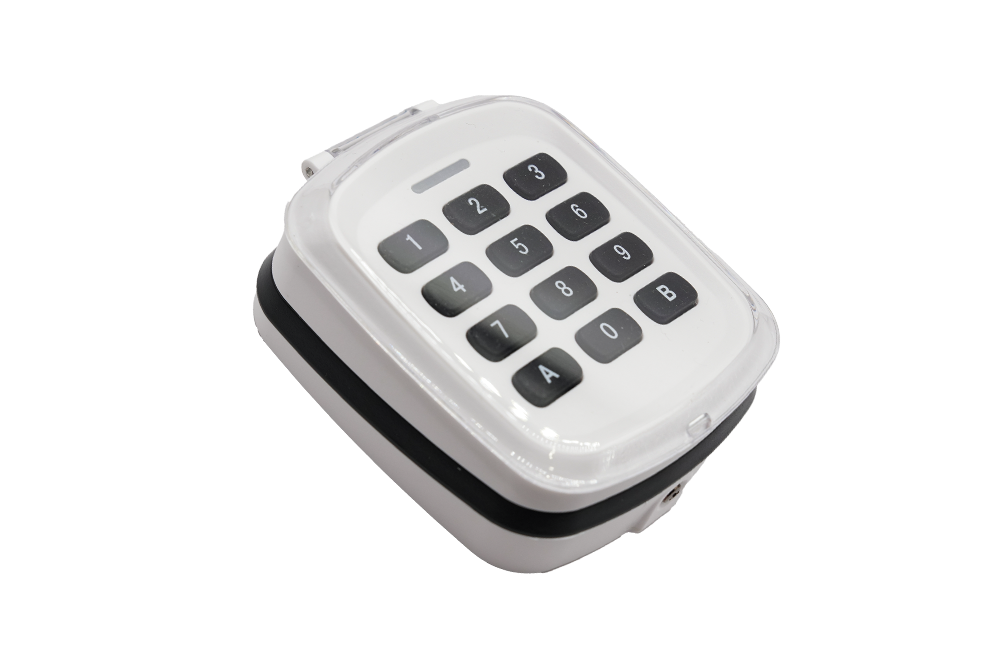 Side view of white LoraTap compatible wireless keypad controller - NSD SMART